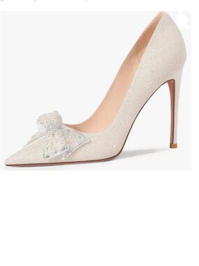 FSJ Ivory Pearls Rhinestone Bowknot Sexy Glitter High Heel Slip On Shoes